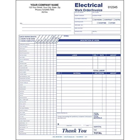 Electrical Service Order/Invoice, 3 Copy (Triplicate), 8.5"x11" - Personalized for Free (1000 Forms)
