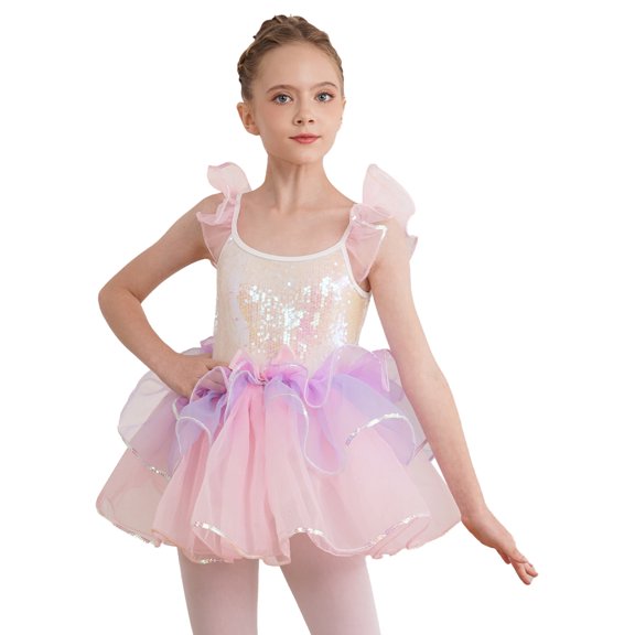 DPOIS Kids Girls Swan Lake Dance Costume Sequins Ballet Dance Camisole Tutu Dress Pink 6
