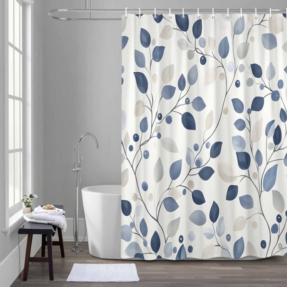 Blue Leaves Shower Curtain for Bathroom Decor, Watercolor Leaf Country Style Farmhouse Waterproof Fabric Shower Curtain, 36"x78" Set with 12 Hooks
