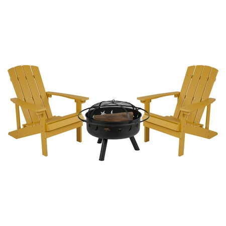 Flash Furniture Charlestown 3 Pcs Iron Wood Burning Fire Pit Set With Adirondack Chairs Yellow
