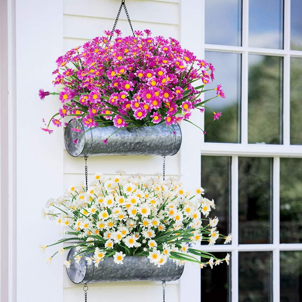 6 Bundles Outdoor Artificial Daisies Fake Flowers UV Resistant Shrubs, Faux Plastic Greenery for Indoor Outside Hanging Plants Garden Porch Window Box Home Wedding Farmhouse Decor (White)