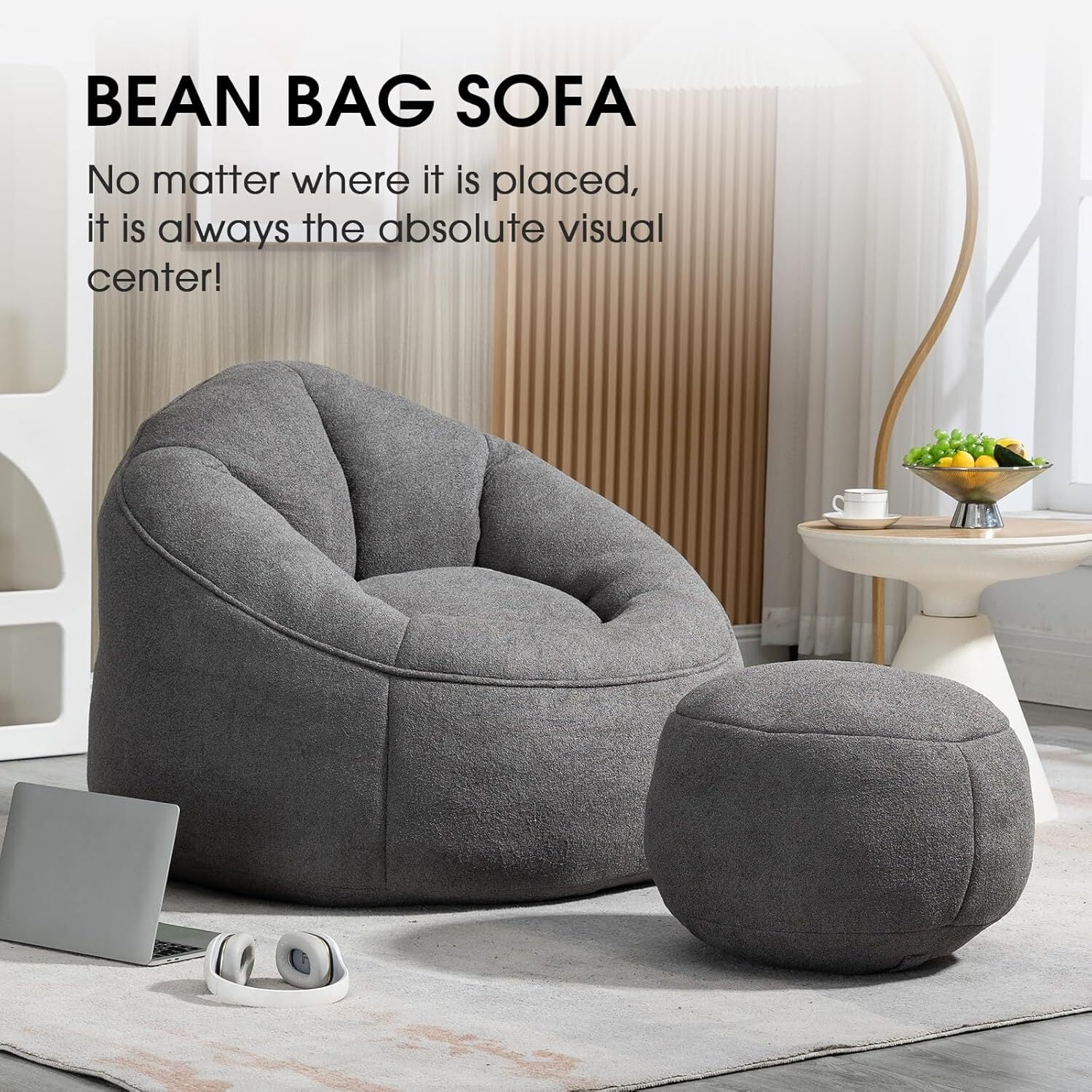 AENKYO Bean Bag Chair Shell-Shaped with Footstool, Memory Foam Microfiber Sofa for Adults - Grey