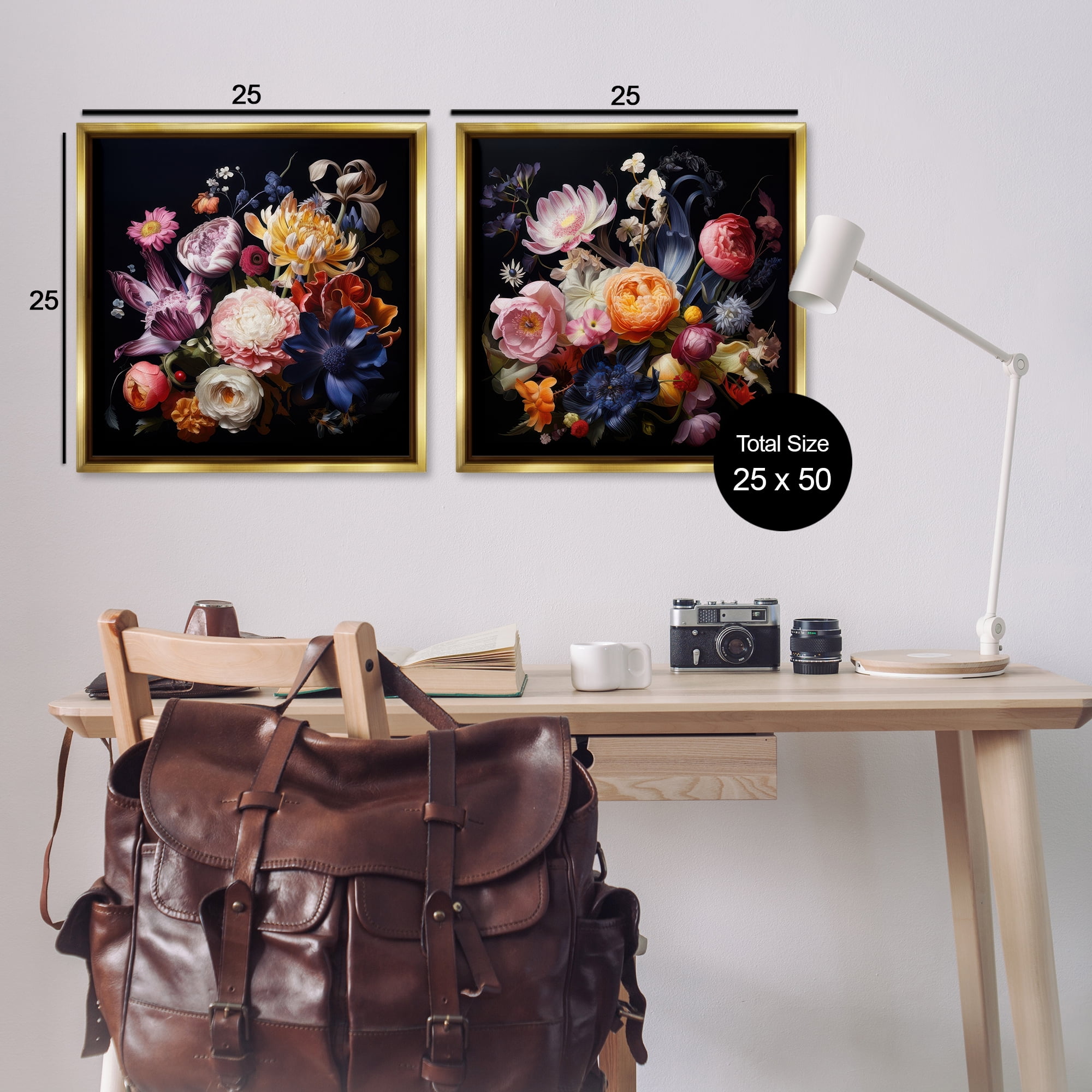 Stupell Industries Exquisite Floral Arrangement Plants & Flowers Painting Gold Floater Framed Canvas Art Print Wall Art, 25 x 25, Set of 2