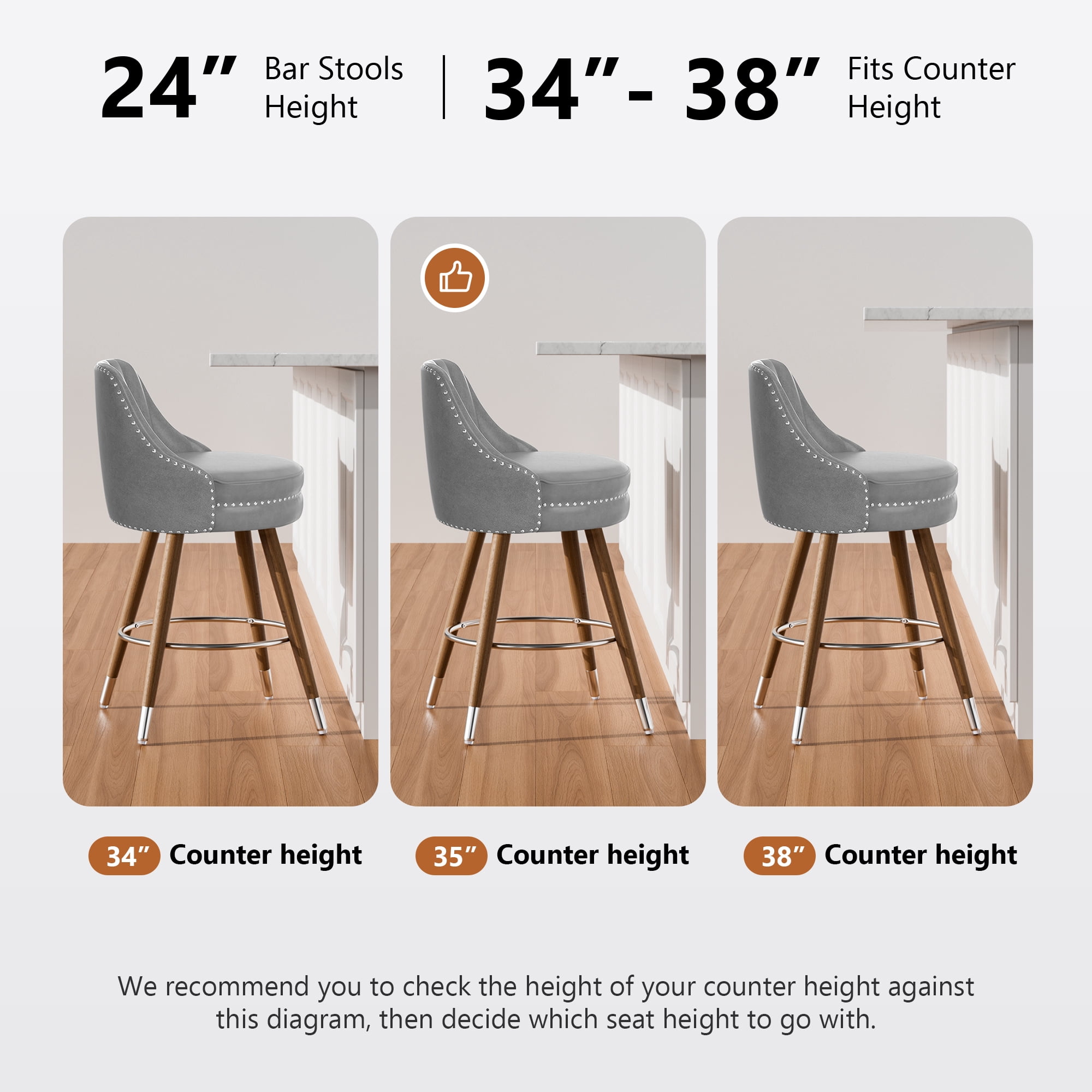 Ninecer 24" Swivel Counter Height Chairs, Modern PU Leather Bar Stools set of 2 with Thick Cushion and Footrest, Gray
