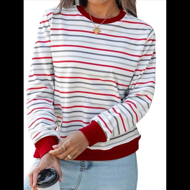 Camisas de Larga para Mujer, Túnicas Holgadas con Cuello Redondo A Rayas y Bloques de Color de Otoño. Rojo XL