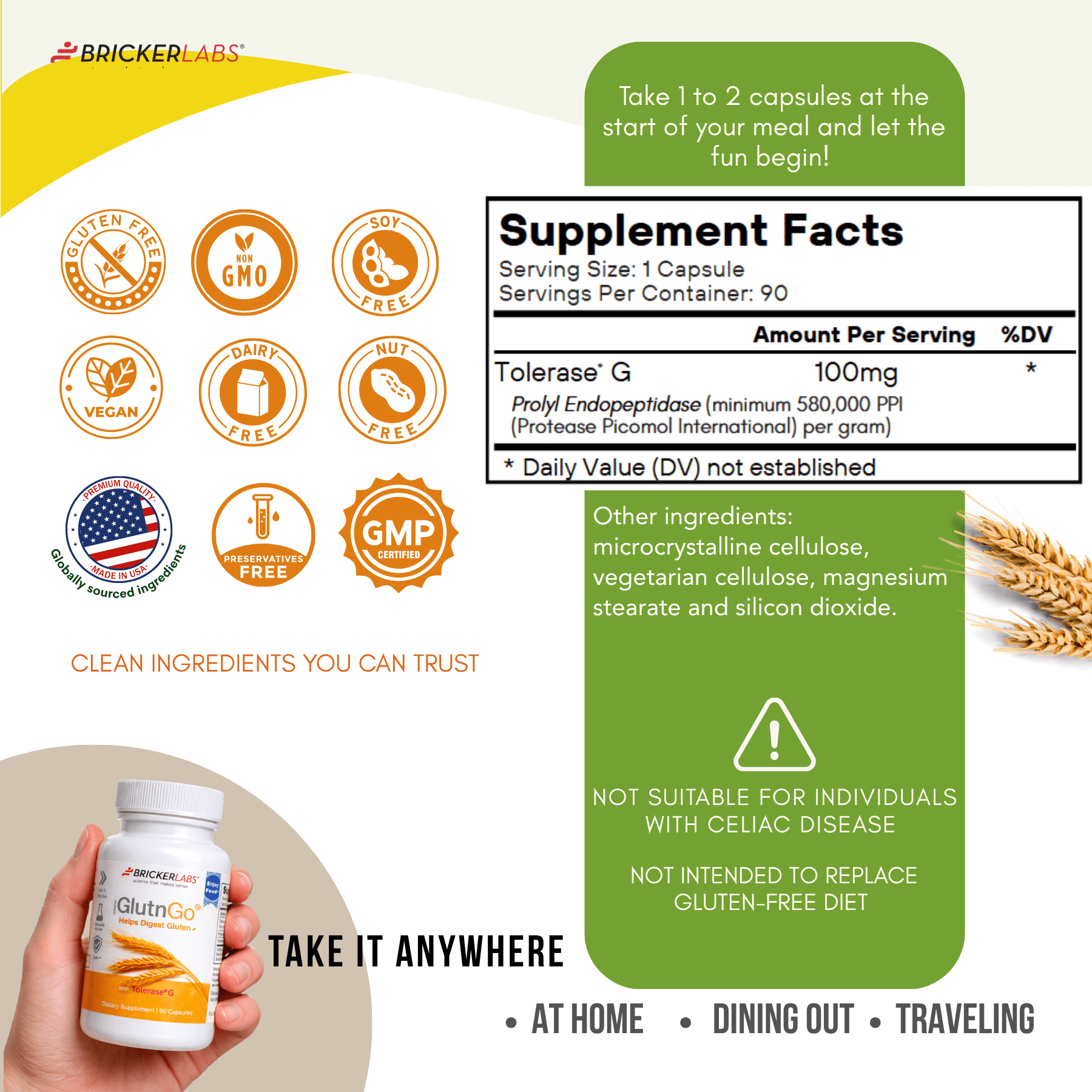 GlutnGo with Tolerase G 100mg – Gluten Digestive Enzyme Supplement, 90 Capsules