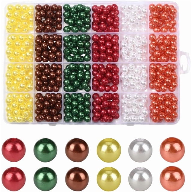 600 Pcs 6 Couleurs 8mm Perles Acryliques Perles d'Automne Perles Rouges Vertes Colorées Action de Grâce Automne Boule Ronde Lisse Intercalaires en Vrac pour Fabrication de Bijoux Bracelets Colliers Fête Bricolage Artisanat