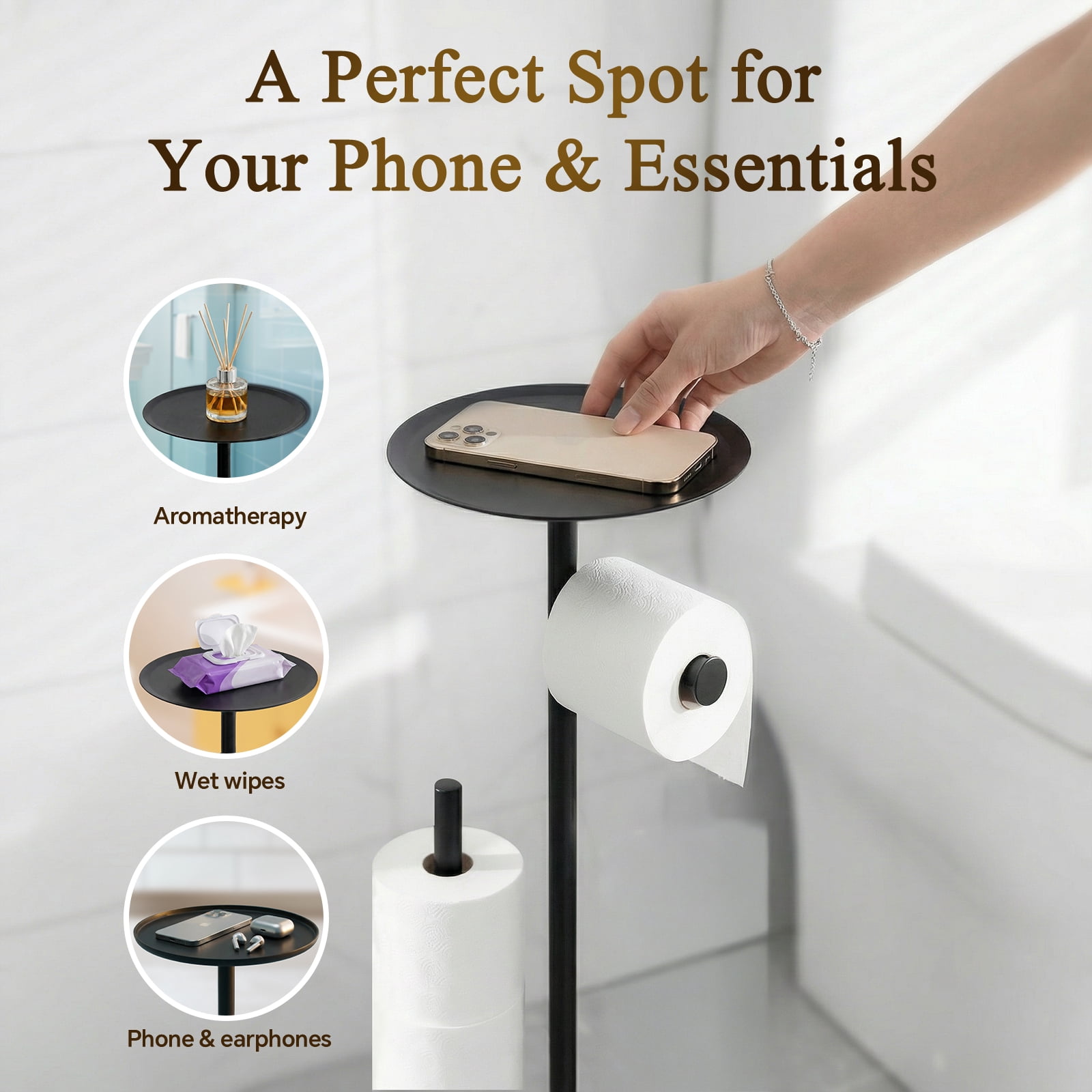 Towond Toilet Paper Holder Free Standing, 304 Stainless Steel Toilet Paper Stand for 4 Rolls with Top Storage Shelf for Phone & Small Items, Bathroom Organizers and Storage, Black
