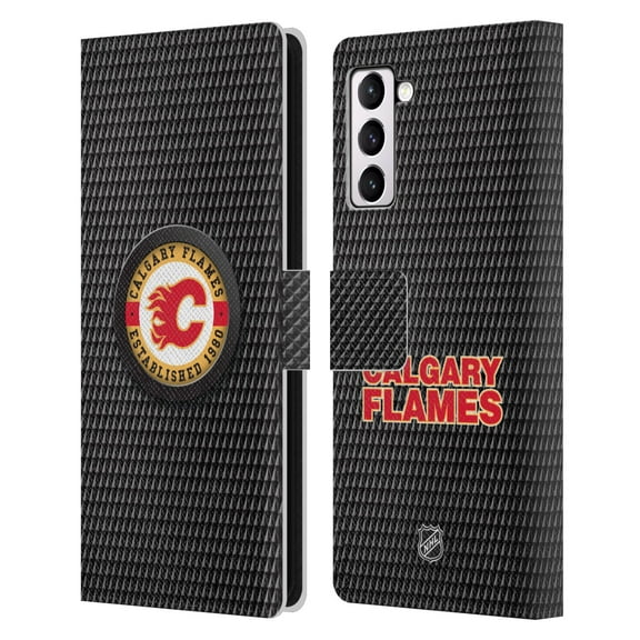 Head Case Designs Officially Licensed NHL Calgary Flames Puck Texture Leather Book Wallet Case Cover Compatible with Samsung Galaxy S21 5G