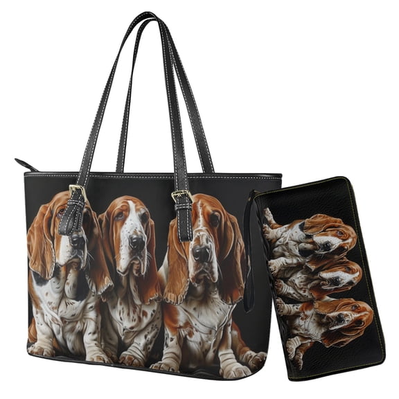 Tutolipy Women Handbags Tote Bag for Ladies,Basset Hound Printed Waterproof Purse Shoulder Bag and Wallet,2 Pcs Top Handle Handbag Set for Shopping