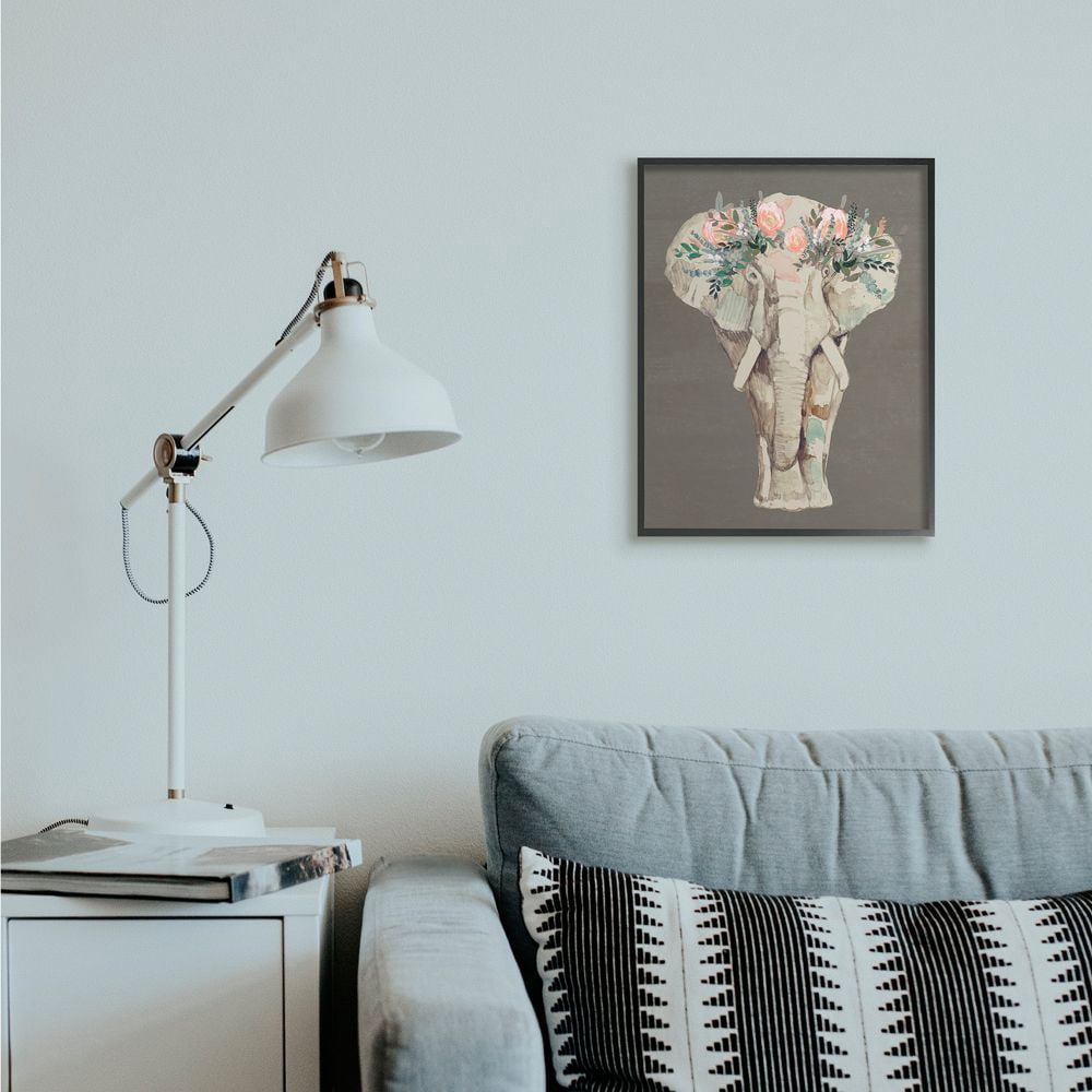 Stupell Industries Elephant Floral Crown Pink Green Elegant Flower Print Framed Wall Art Design by Jennifer Goldberger, 16" x 20", Black Framed