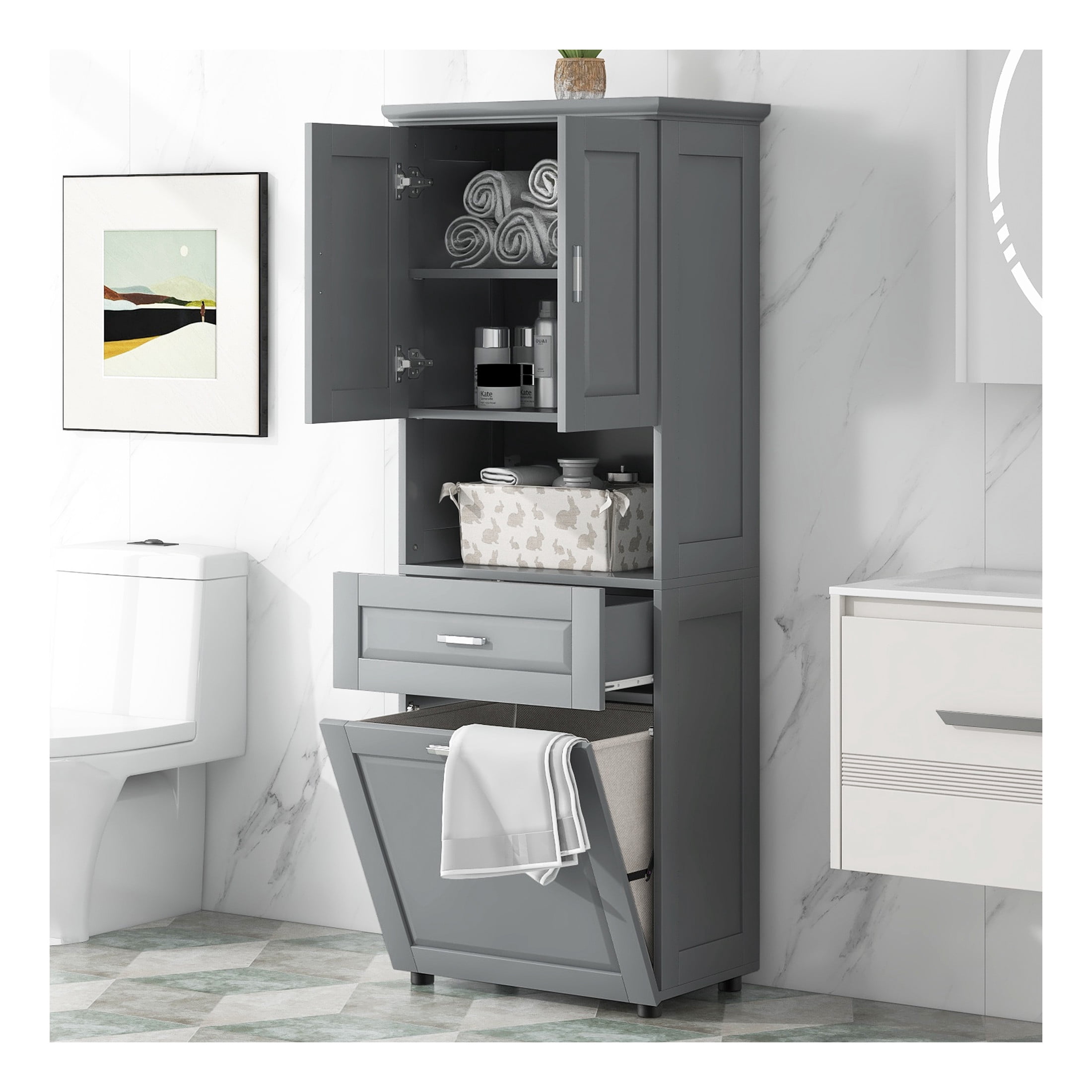 GDF Studio 69.9" Tall Bathroom Storage Cabinet with Tilt-Out Laundry Basket, 2 Doors, 2 Shelves and 1 Drawer, Gray