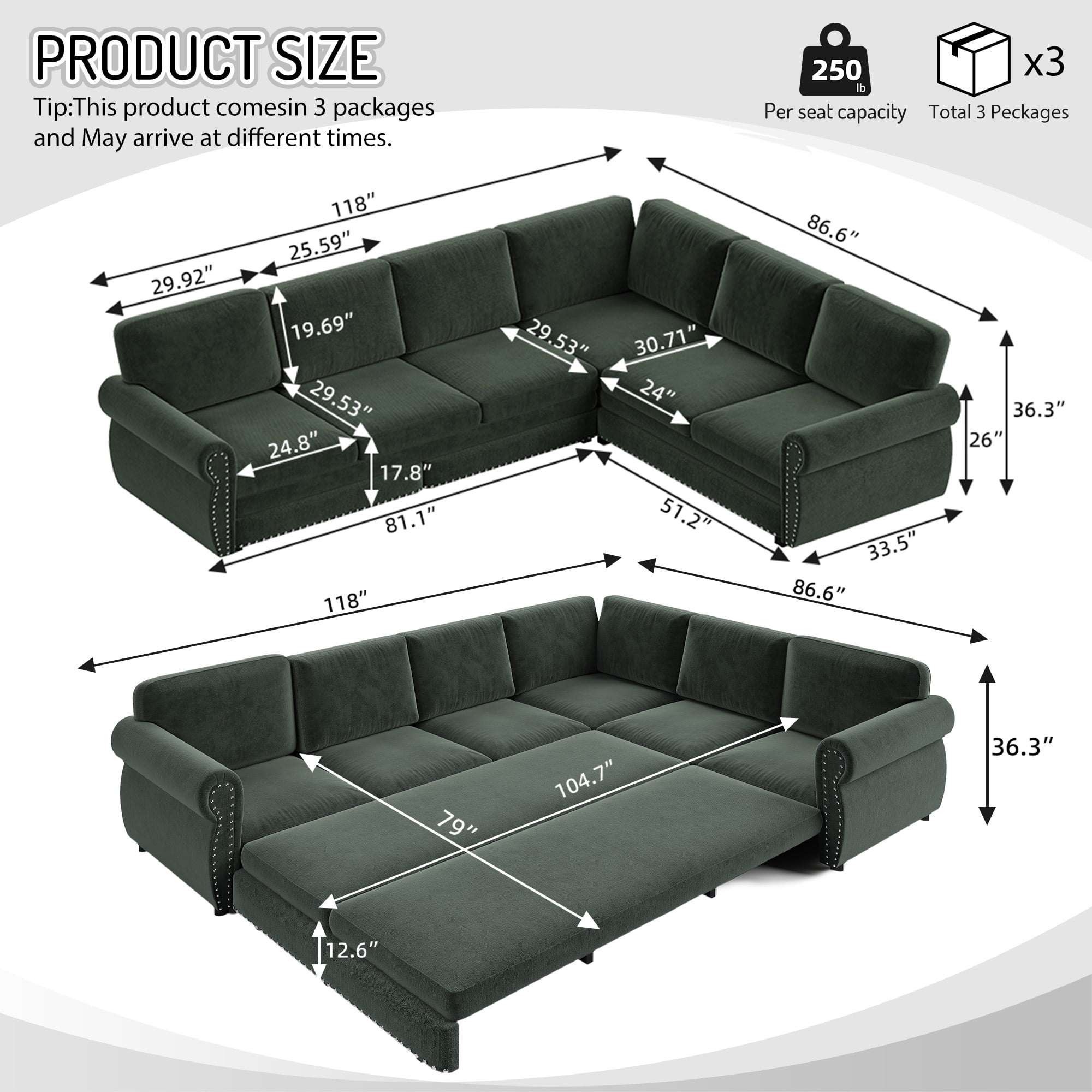 LLappuil Sectional Sofa, Pull Out Sofa Bed King Size, 6 Seat Chenille Sofa Couch Convertible Sleeper Sofa Bed for Living Room Green