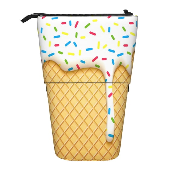 Lsque White Ice Cream Pattern Telescopic Pencil Bag Pen Holder Stationery Case, Stand-up Retractable Transformer Bag Organizer