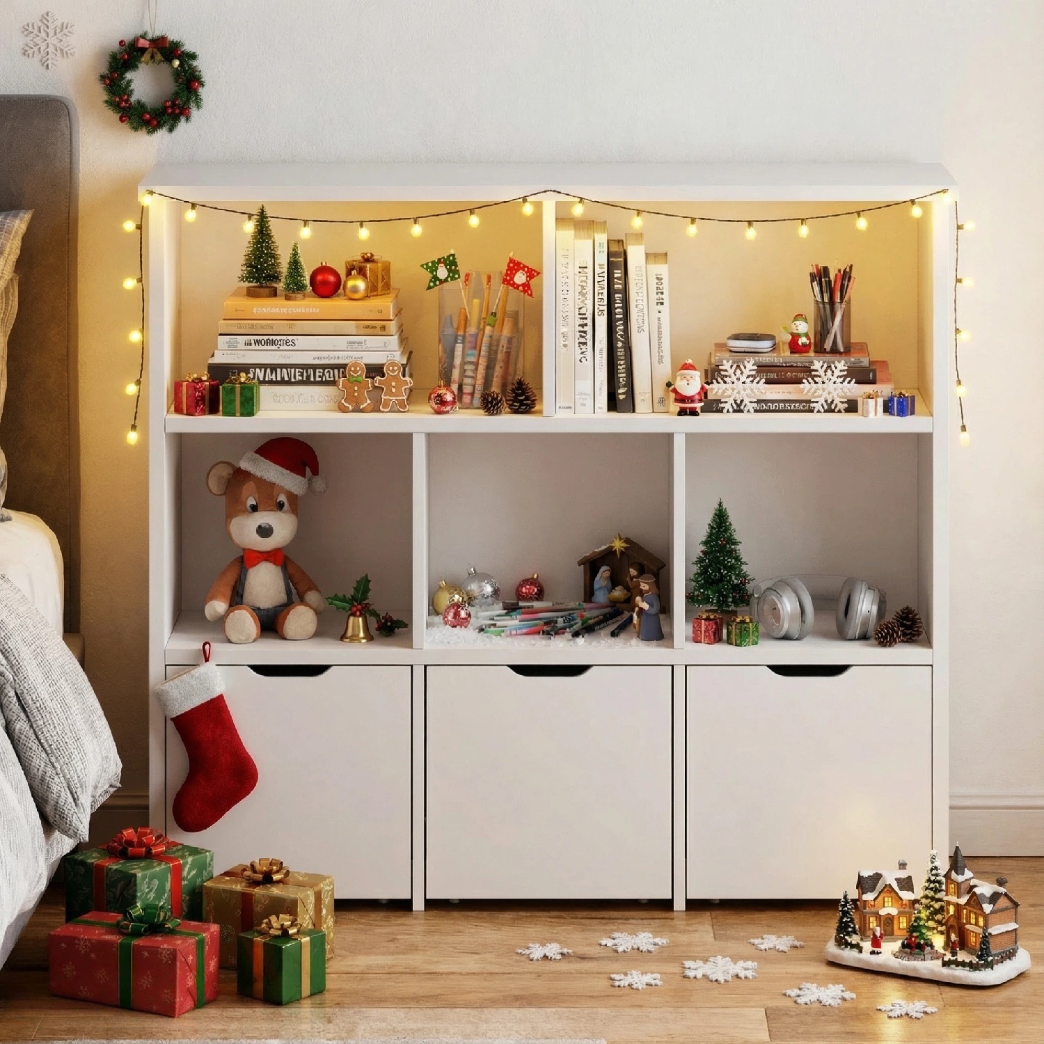 Kbun 5 Cube Toy Storage Cabinet, Kids Geometric Bookcase and Bookshelf with 3 large Drawers, Toddler Book Shelf for Kids Rooms, Playroom, Nursery, Kindergarten White