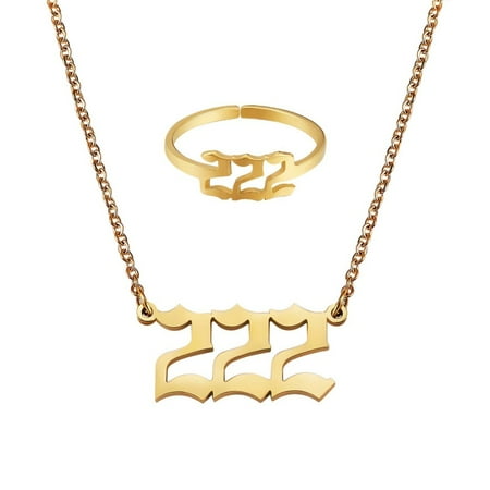 Number Pendant Necklace & Open Cuff Ring Gold Plated 304 Stainless Steel Lucky Numerology Jewelry Set for Women Num.2 18.31 inch(46.5cm) Size 7 3/4(17.9mm)