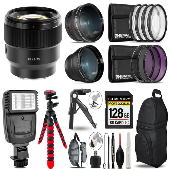 Sony FE 85mm f/1.8 Lens -3 Lens Kit   Slave Flash   Tripod - 128GB Accessory Bundle