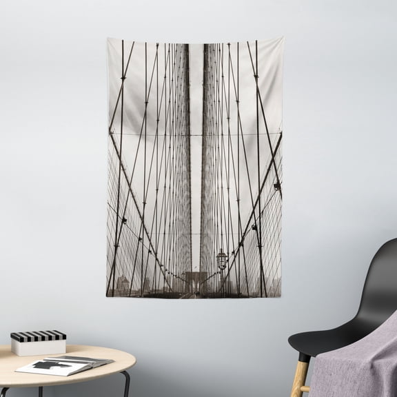 New York Tapestry, Brooklyn Bridge Cables and New York City Downtown Skyline Photography Urban, Wall Hanging for Bedroom Living Room Dorm Decor, 40"W X 60"L, Dust and Black, by Ambesonne