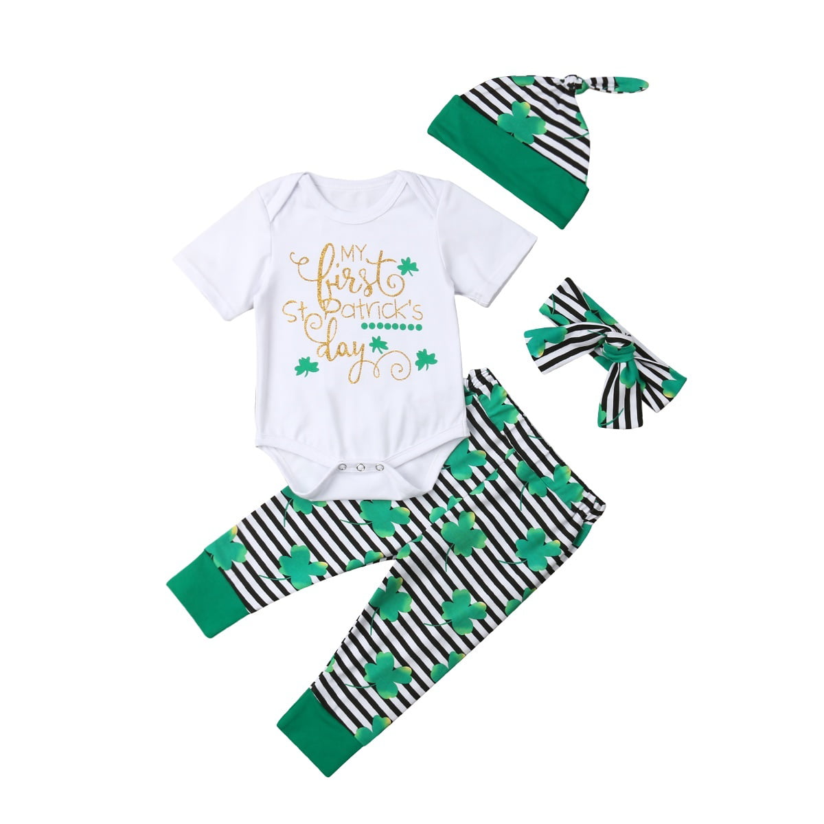 My 1ST St.Patricks Day Outfit Newborn Baby Boy Girl Romper+Four-Leaf Clover Pants+Hat and Headband Clothes Set