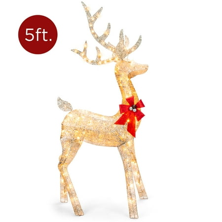 Lighted Reindeer Decorations Best Choice Products 5ft 3D Pre-Lit Gold Glitter Christmas Reindeer Buck Yard Decoration w/ 150 Lights, Stakes, Zip Ties ()