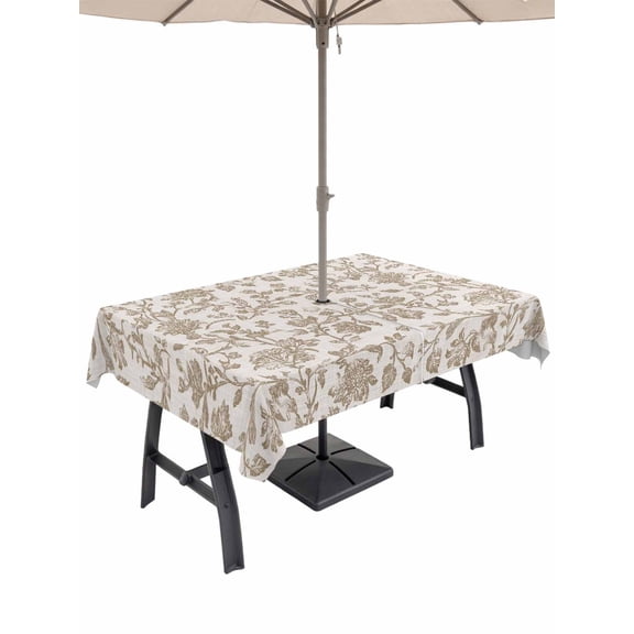 54x80 Inch Outdoor Tablecloth with Umbrella Hole Zipper Rectangle Farmhouse Khaki Rectangular Tablecloths Outside Waterproof Vintage Flower Leaf Botanical Plant Patio Table Cover for Picnic Party