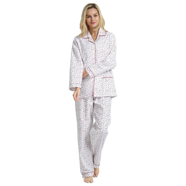 GLOBAL Conjunto de Pijamas de Franela para Mujer, Pijamas 100% Algodón para Mujer, Ropa de Dormir de Manga Larga con Botones, Cintura con Cordón, Ropa de Dormir Cálida, Flor Rosa S