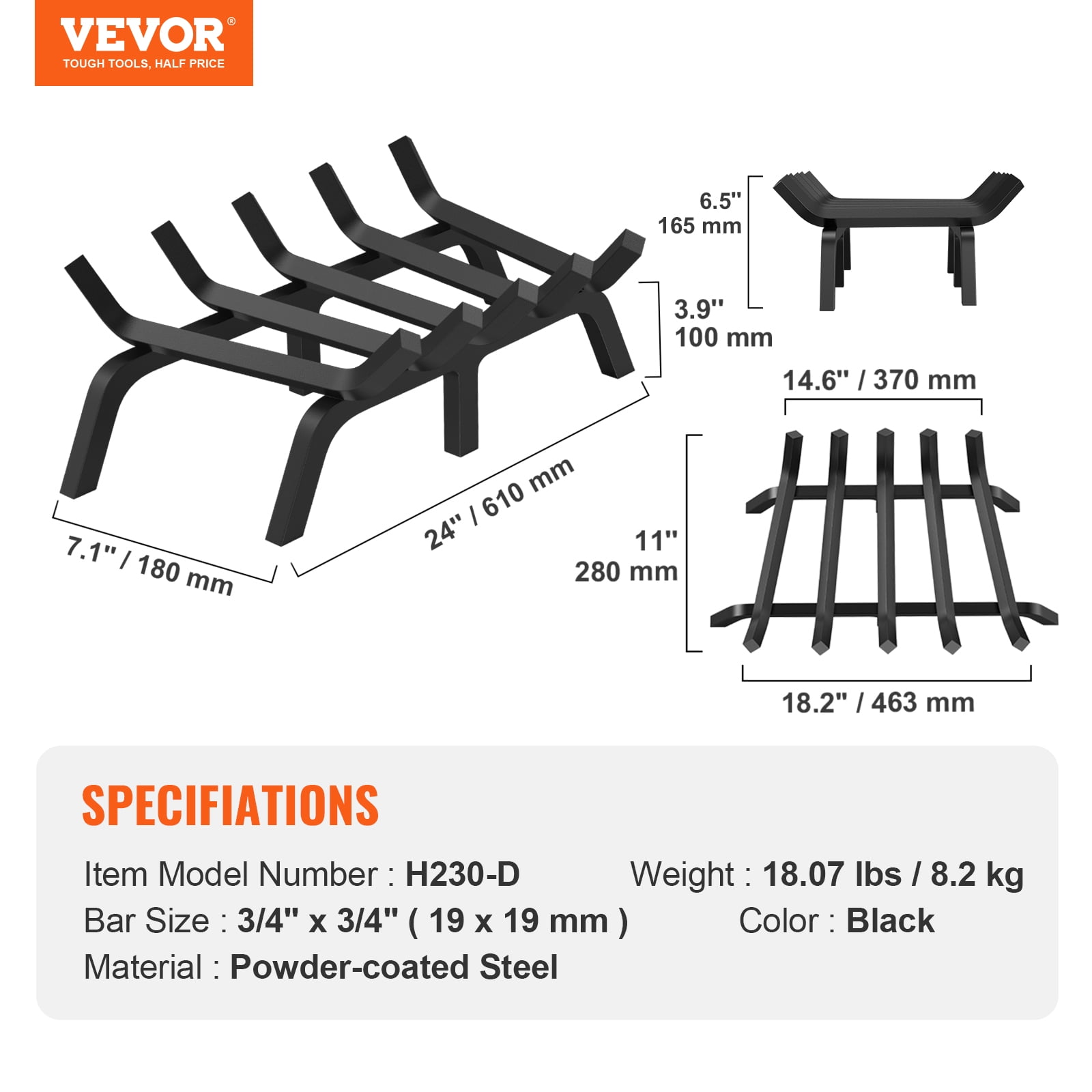 VEVOR 24 inch Fireplace Log Grate Powder-coated Steel wood Burning Rack Holder