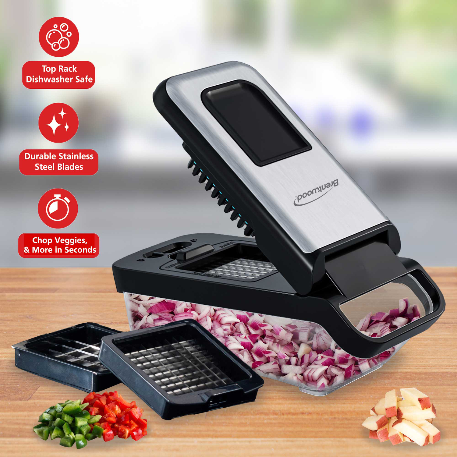 Brentwood Vegetable Chopper with 3.6-Cup Storage Container and 2 Interchangeable Stainless Steel Blades, Black, KA-5024BKS