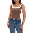 thumbnail image 1 of ATHLECHIC Camiseta sin mangas de cuello cuadrado para mujer, top corto de verano con bloques de color, XS, marrón, 1 of 5