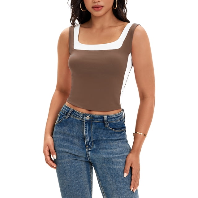 ATHLECHIC Camiseta sin mangas de cuello cuadrado para mujer, top corto de verano con bloques de color, XS, marrón