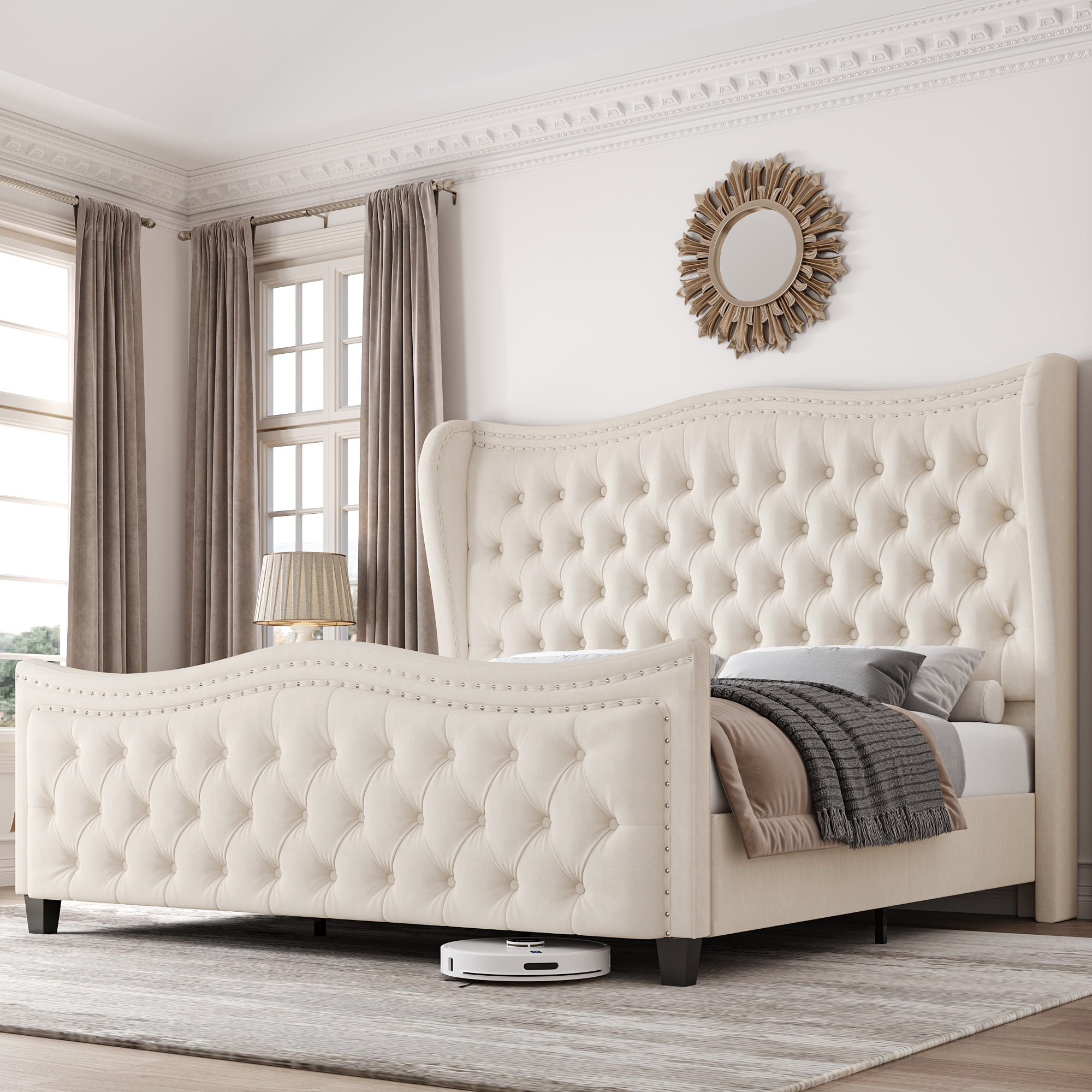Homfa Queen Size Bed Frame, Modern Velvet Tufted Wingback Bed, Platform Bed with 55"H Upholstered Headboard, Off-White