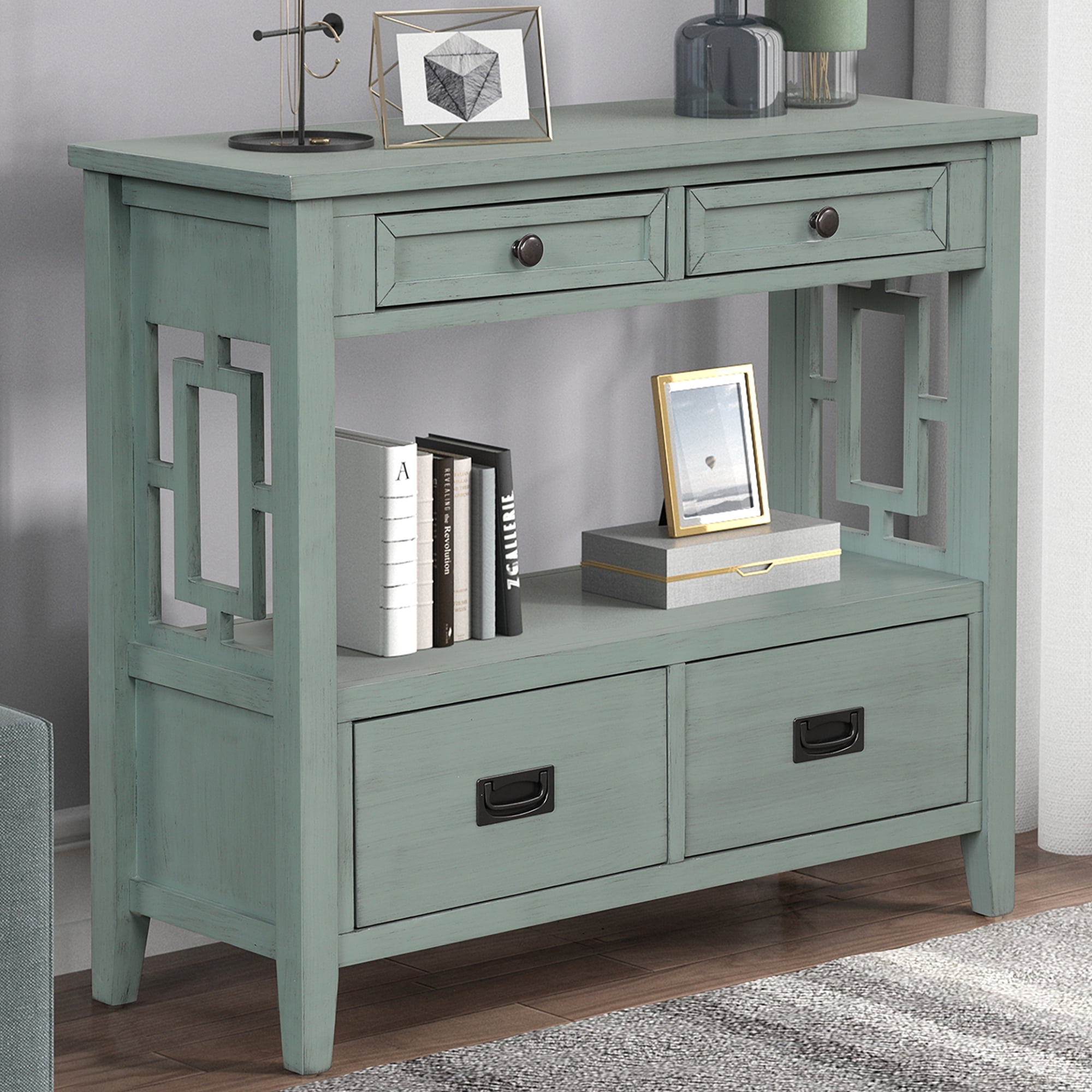 36 Inch Farmhouse Pine Wood Console Table, Entryway Sofa Table with 4 Drawers & Open Storage Shelf, Solid Pine Frame for Living Room Hallway Bedroom Kitchen, 99LBS Tabletop Capacity