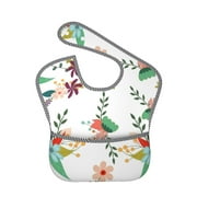 Bingfone Mess-Proof Baby Bib - Waterproof Bib For Baby Boy Or Girl With Food Catcher Pocket, Unisex-Pretty Floral With Leaves