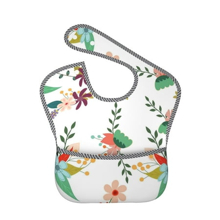 Bingfone Mess-Proof Baby Bib - Waterproof Bib For Baby Boy Or Girl With Food Catcher Pocket, Unisex-Pretty Floral With Leaves