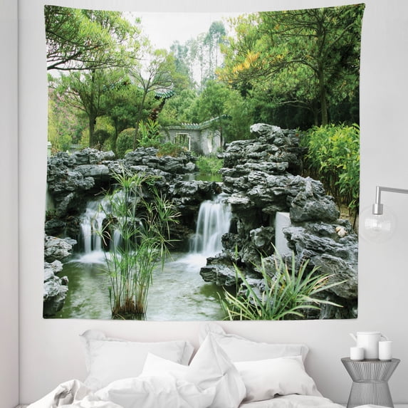 Japanese Tapestry, Yard Little Lake Between Trees Stones in Autumn Season Natural Wilderness, Fabric Wall Hanging Decor for Bedroom Living Room Dorm, 5 Sizes, Green White, by Ambesonne