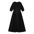 thumbnail image 5 of QUNYINEY Puff Short Sleeve Plus Size Dresses for Women Black Long Cotton Summer A Line Dress Casual Slim Fit V Neck Flowy Button Dresses, 5 of 7