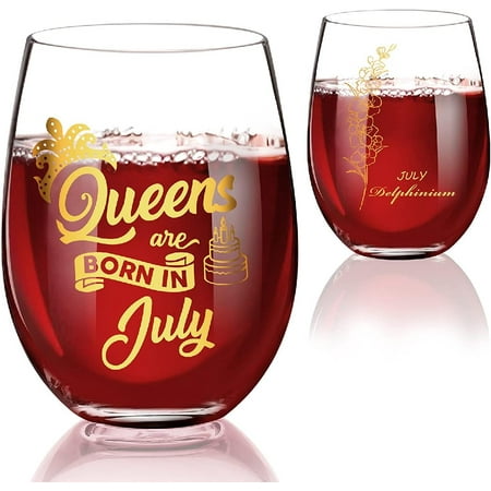 

Queens Are Born In July Cancer Gifts for Women July Birthday Wine Glasses Gift for Leo & Cancer Zodiac Signs Golden 20oz Stemless Wine Glass for Girls Mom Sister July Month Flower Wine Glass