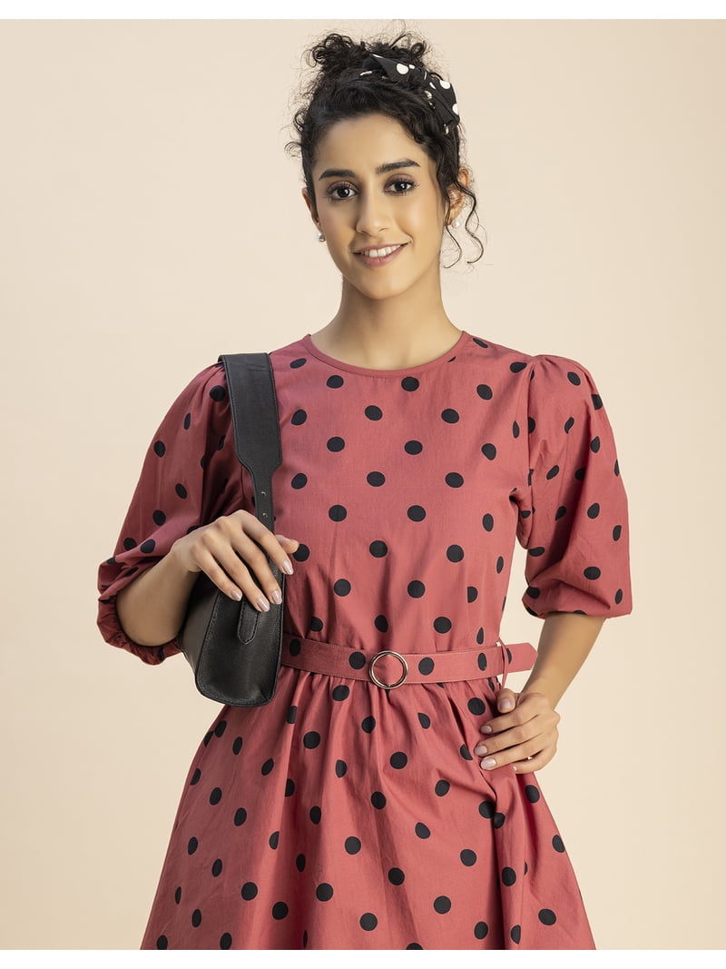 Moomaya Peach Cotton Polka Dot Skater Dress Moomaya Peach Cotton Polka Dot Skater Dress