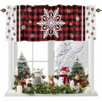 Rod Pocket Window Valances Christmas Snowflakes Short Kitchen Curtains Red Black Geometric Plaid Window Treatment Drapes for Bedroom Bathroom Living Room 54x18In,1 Panel