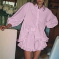 thumbnail image 4 of Women 2 Piece Outfits Long Sleeve Button Down Blouse and Shorts Sets Pink S, 4 of 9