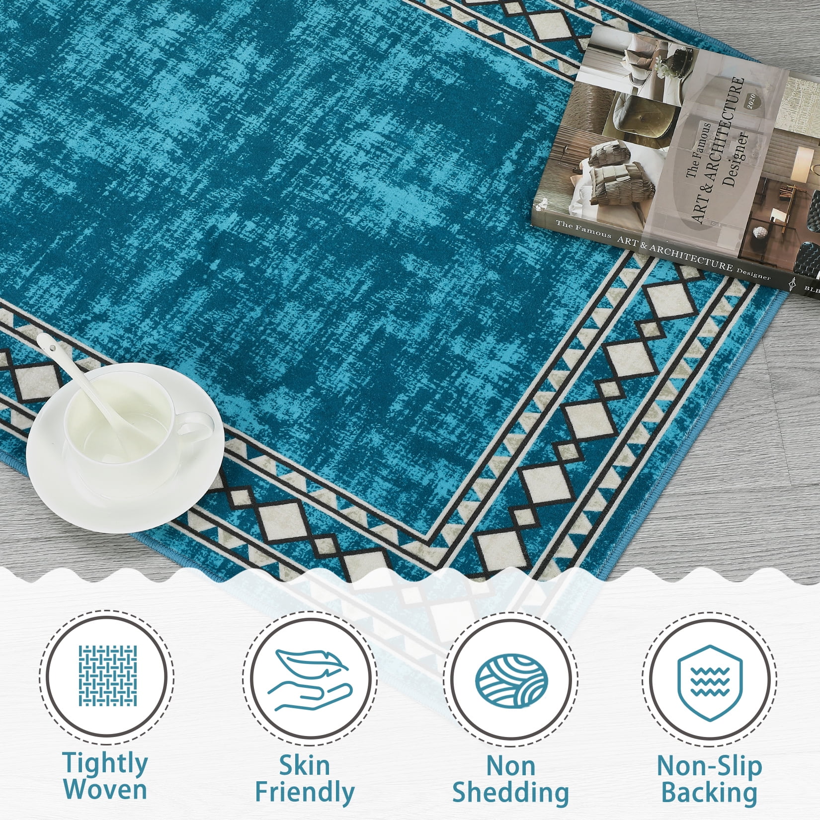 GlowSol 10'x13' Large Area Rug Modern Bordered Area Rug for Living Room Bedroom Geometric Border Non-Slip Stain Resistant Accent Rug, Blue Green