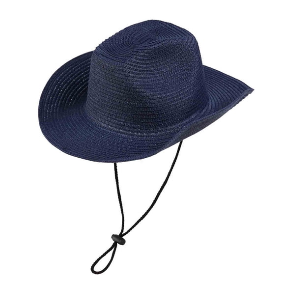 QSAWXQZ Unisex Classic Woven Cowboy Hat Rolled Up Brim Western Sun Cap with Adjustable Chin Strap for Outdoor Working Navy M