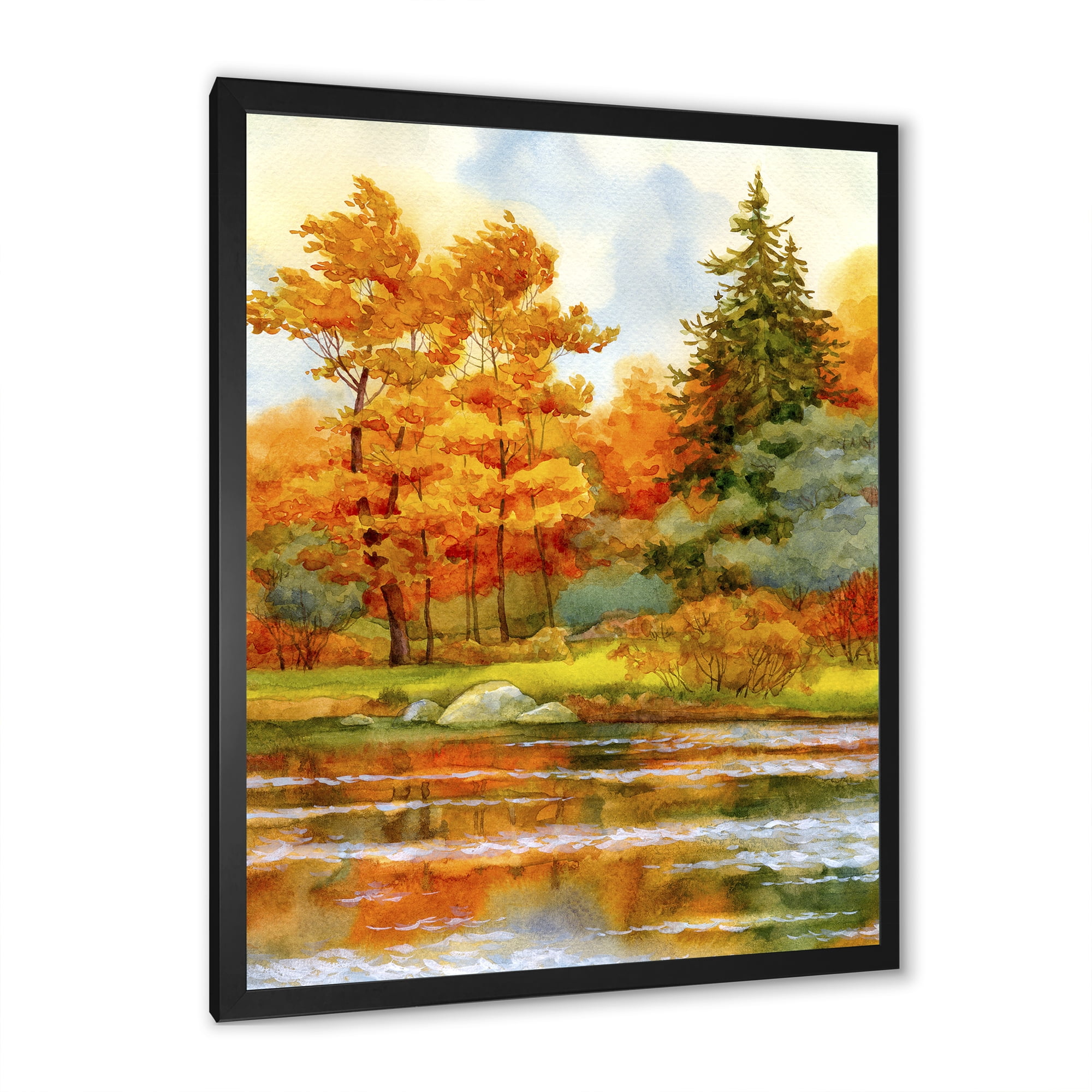 Designart 'Autumn Forest By The Lake Side III' Lake House Framed Art Print
