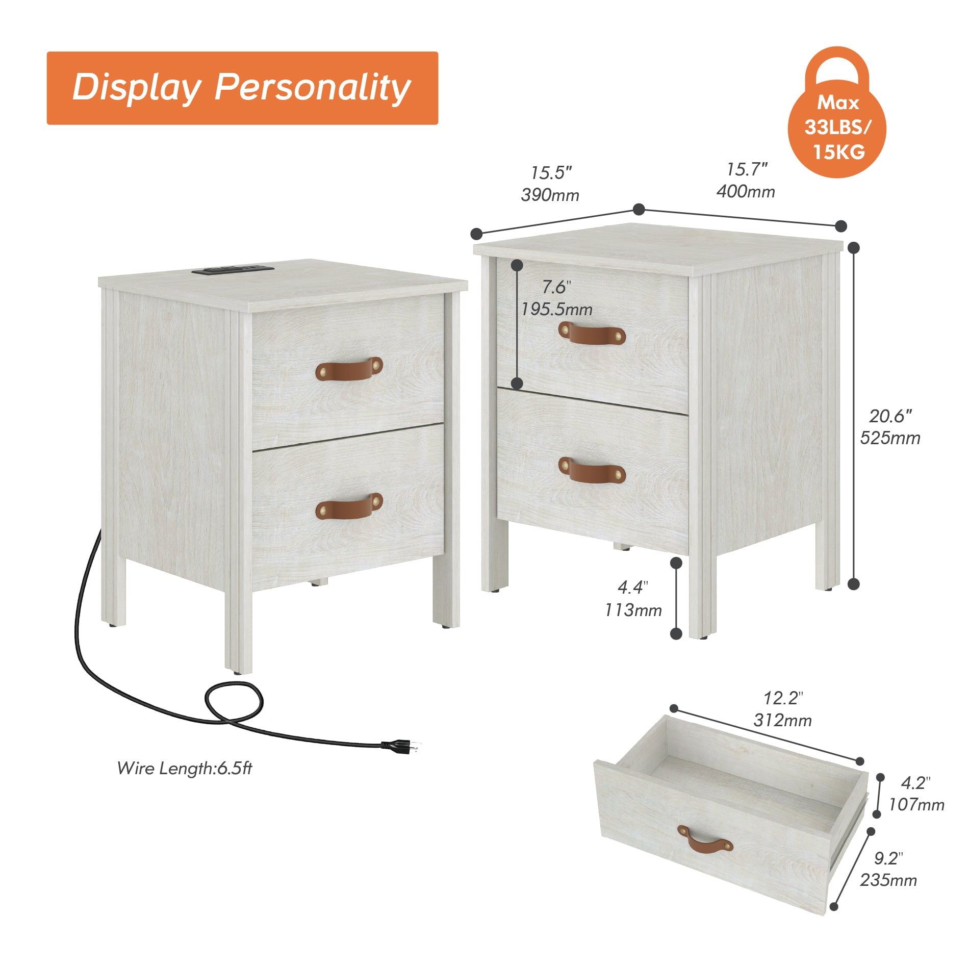 Wampat Set of 2 Nightstands for Bedroom, Compact Side Table with 2 Drawers & Charging Station for Living Room, Off White
