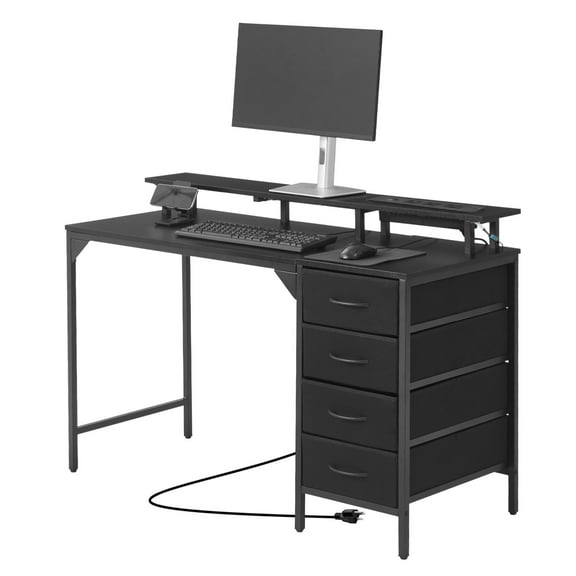 KFFKFF 47" Computer Desk with LED Lighting & Power Outlets, Gaming Desk with 4 Spacious Drawers, Office Table with Monitor Riser, Ideal for Study, Work, or Small Spaces, Black