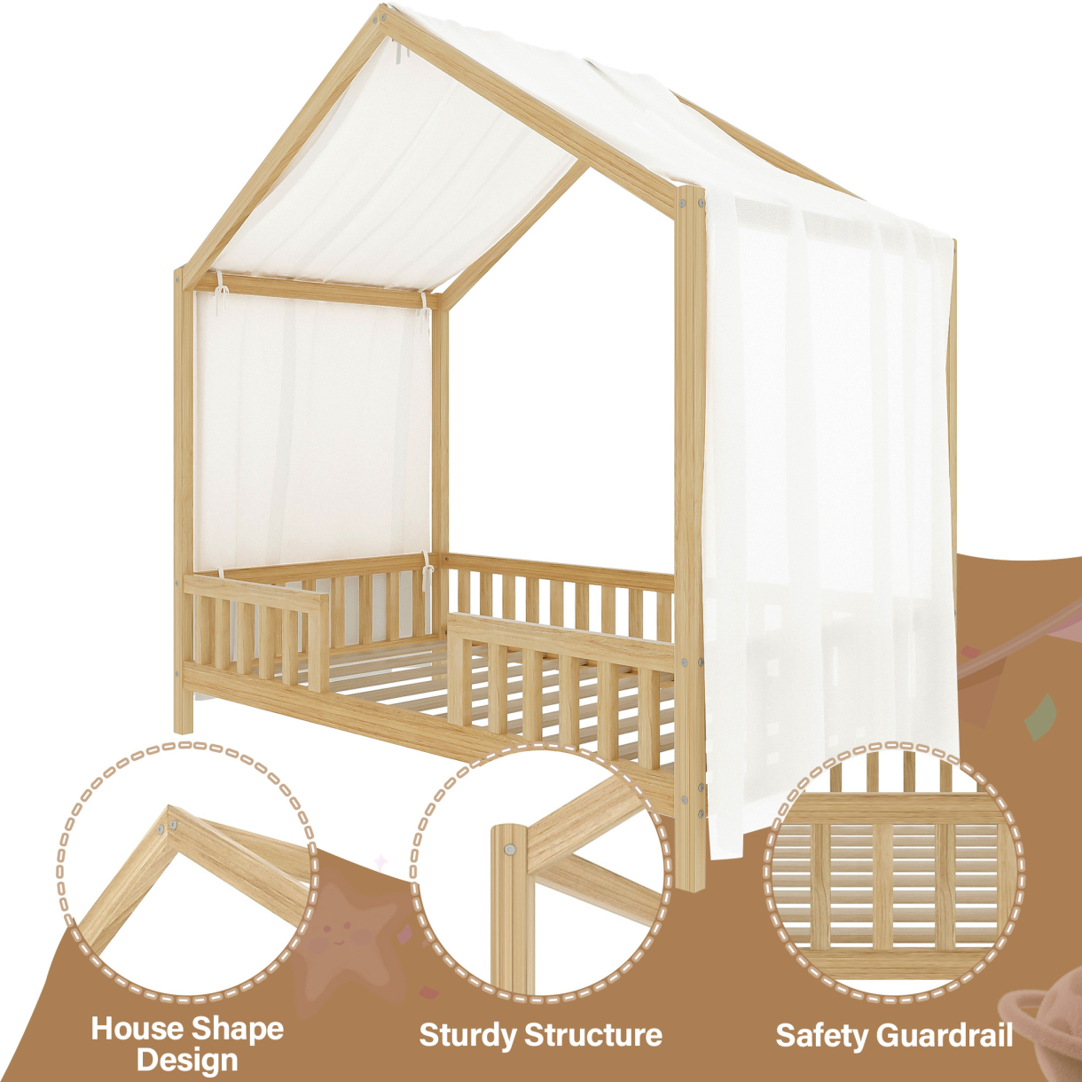 Twin Size Montessori Floor Bed with Canopy, Wooden House Shape Toddler Bed with High Railings and Roof, Twin Bed Frame for Kids Bedroom, Natural