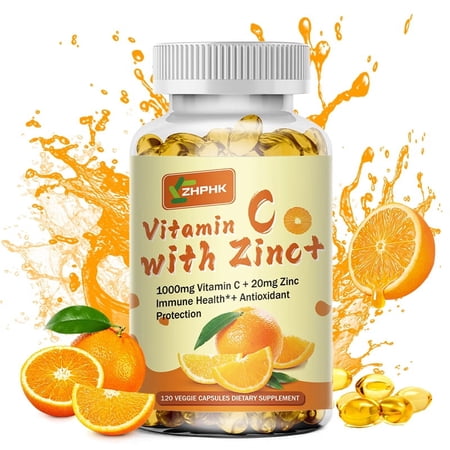 ZHPHK Vitamin C Capsules 1000mg with 20mg Zinc High Absorption Supplements for Immune Health and Antioxidant Protection 120 capsules