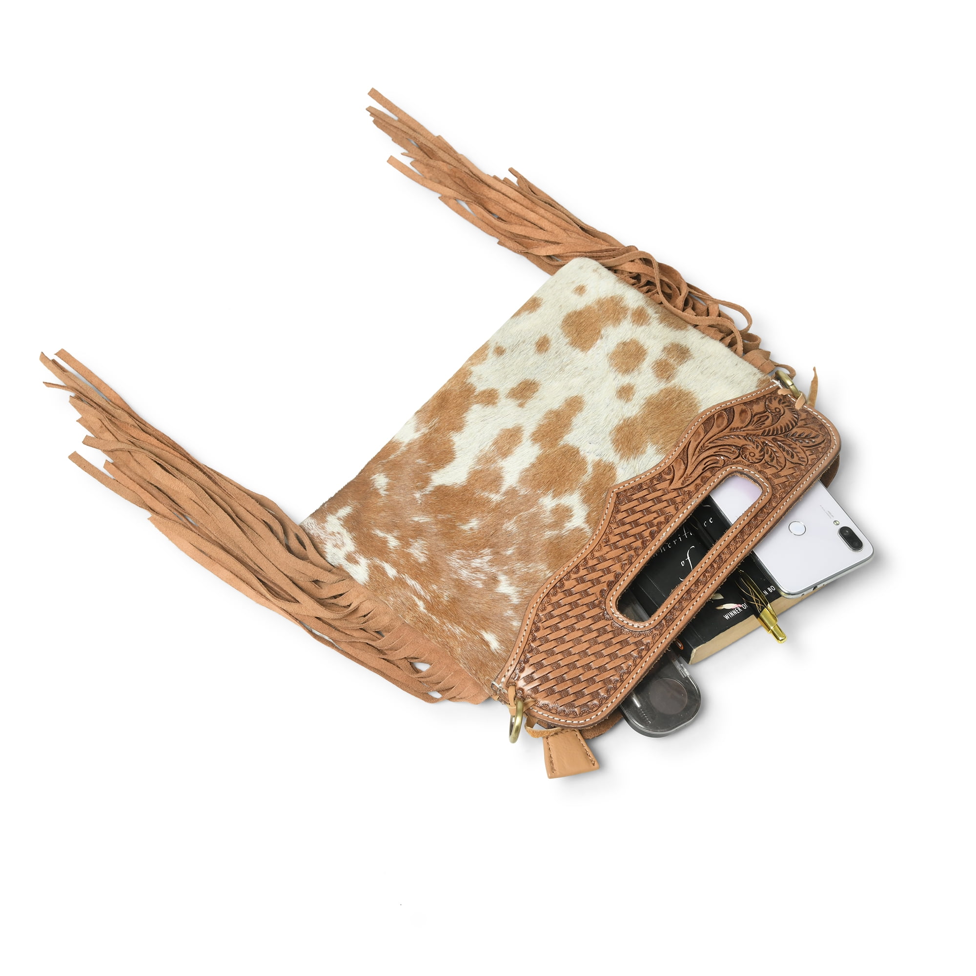 Women's Western Fringe Leather Hand Bag – Sling Bag Suede Hair-On Handbag with Adjustable Strap, Handmade Sling Purse 12"x10" Tan n White