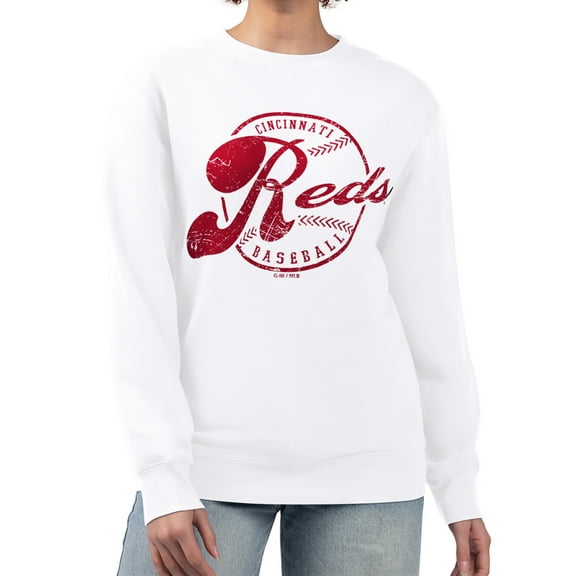 Women's G-III 4Her by Carl Banks White Cincinnati Reds Distressed Baseball Team Fleece Pullover Sweatshirt