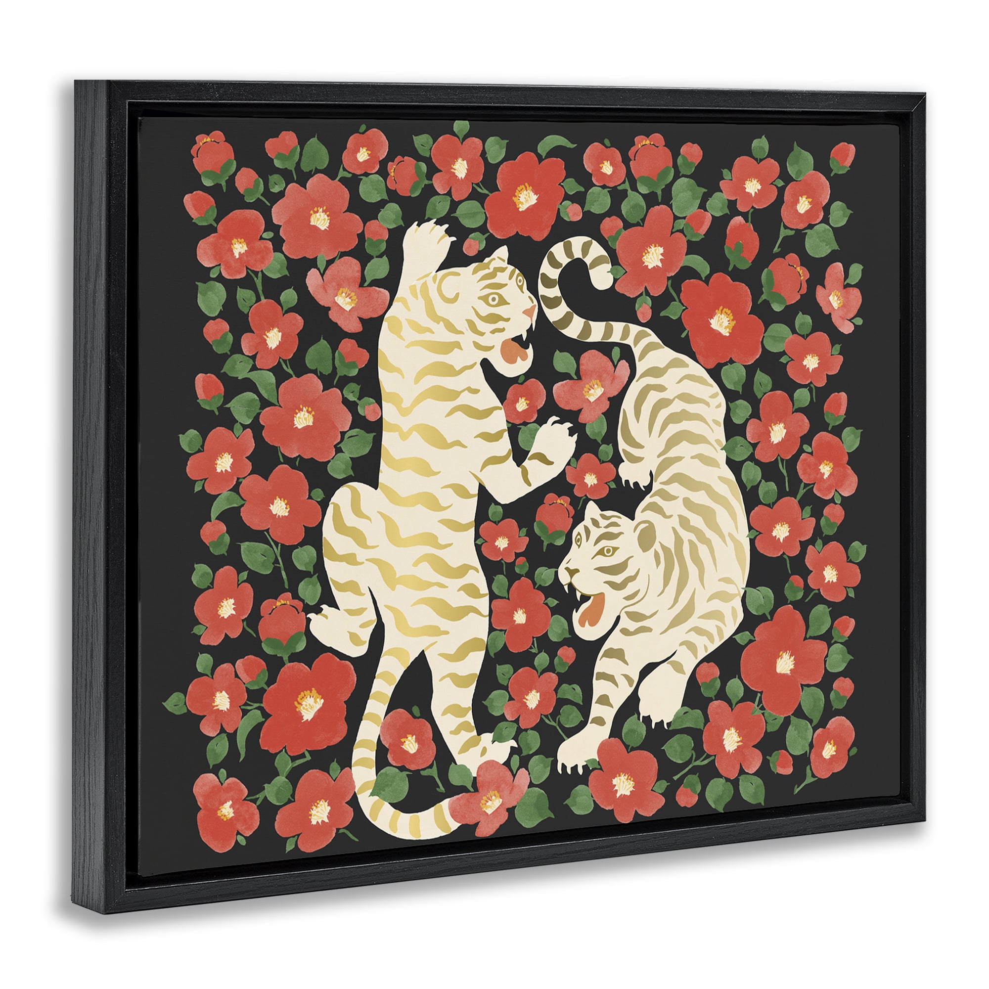 Stupell Industries Ivory Twin Tigers Among Flowers Black Framed Floater Canvas Wall Art, design by Karolina Sato
